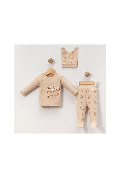 TRENDİMİZBİR Unisex Beige Squirrel Embroidered 3-Piece Bottom Top Set Newborn Outfit Cotton Organic