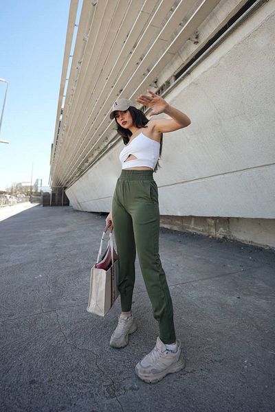 Gugus Scuba Diver Jogger Sweatpants High Waist Wide Belt Leg with Pleat Detail