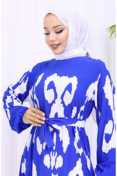 sefamerve Віскозна сукня з поясом та візерунком 2033-05 Saks Білий