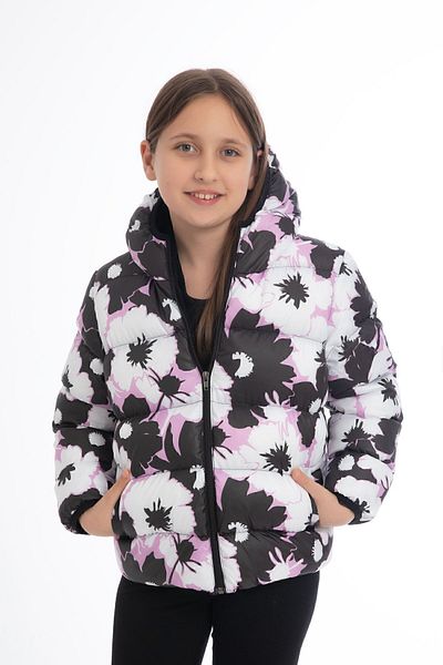 Royalside Sports Girl's White Purple Flower Pattern Fleece Water and Wind Proof Hooded Winter Sports Coat
