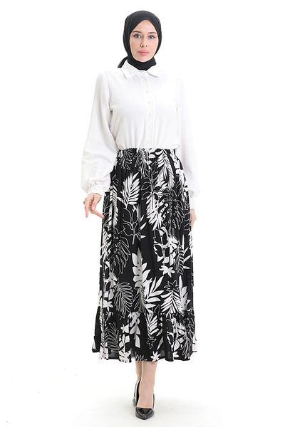 sefamerve Viscose Fabric Elastic Waist Ruffle Skirt 2012J-01 White Black