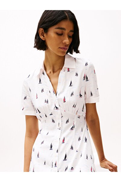 Tommy Hilfiger Kadın V Yaka Gömlek Yaka Düğme Kapama Uzun Boy Kısa Kol Beyaz Elbise WW0WW44668-0K5