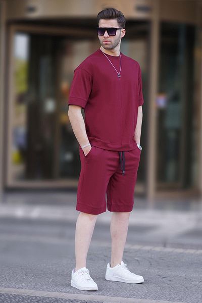 Madmext Pánské kraťasy Claret Red Crew Neck Basic Set 5953