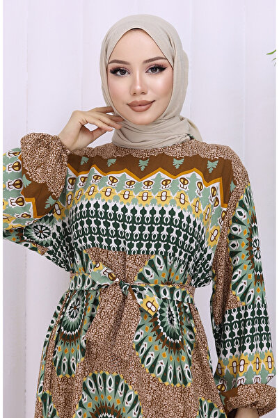 sefamerve Φόρεμα με ζώνη από ύφασμα βισκόζης 2032-04 Tan Green