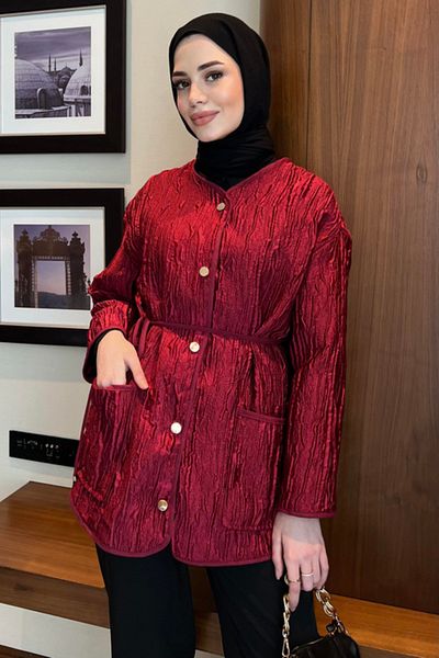 Tasarım Women's Jacquard - Textured Belted Jacket - Cap - Stylish and Modern Design
