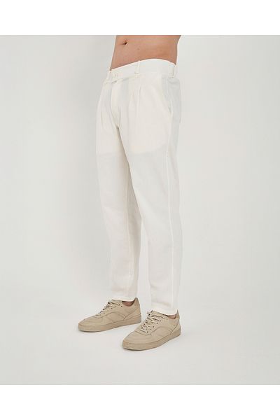 RELAXL 100% Cotton Carrot Cut Elastic Waist Ecru Gabardine Pleated Men's Trousers