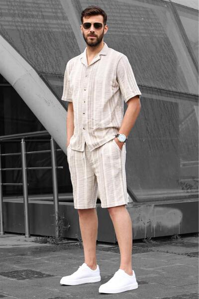 Madmext Brown Striped Men's Shorts Set 6701