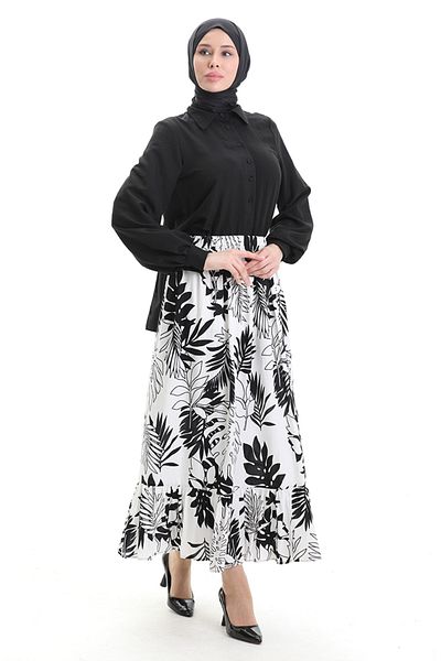 sefamerve Viscose Fabric Elastic Waist Ruffle Skirt 2012J-02 Black White