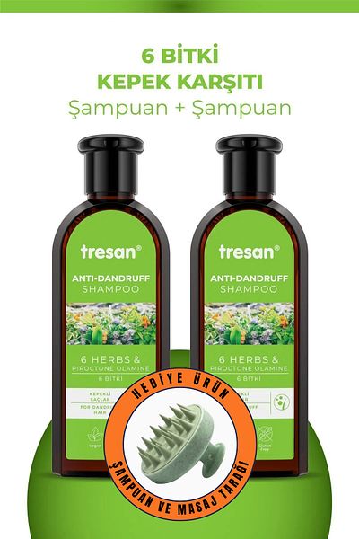 Tresan 6 Plant Anti-Dandruff Care Shampoo 300 ml X 2 Pieces - Pycos Shower Comb with Gift