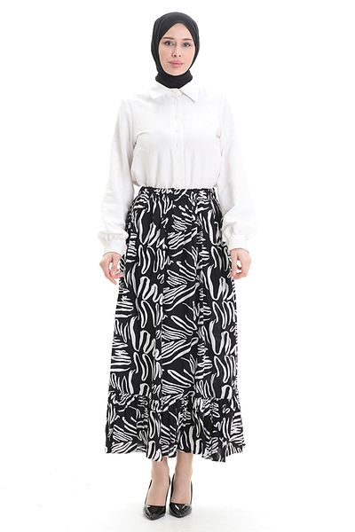 sefamerve Viscose Fabric Elastic Waist Ruffle Skirt 2012t-03 Black White