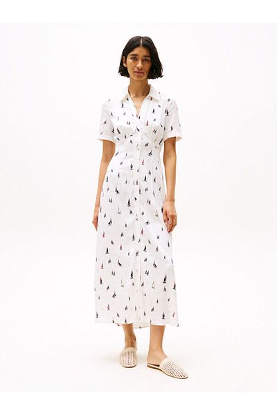 Tommy Hilfiger Women V Neck Shirt Collar Button Closure Long Length Short Sleeve White Dress Ww0Ww44668-0K5