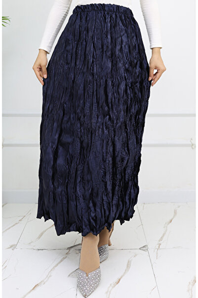 sefamerve Elastic Waist Satin Skirt 0048-04 Navy Blue