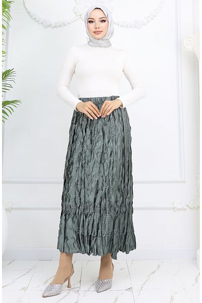 sefamerve Fusta din satin cu talie elastica 0048-02 Mold Green