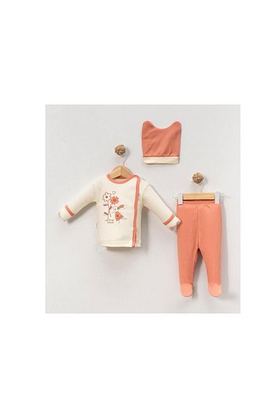 TRENDİMİZBİR Baby Girl Orange Daisy Rabbit Embroidered 3-Piece Bodysuit Set Newborn Outfit Soft Knitted Fabric