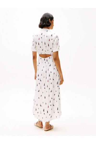 Tommy Hilfiger Women V Neck Shirt Collar Button Closure Long Length Short Sleeve White Dress Ww0Ww44668-0K5