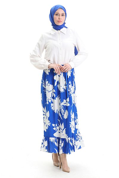 sefamerve Viscose Fabric Elastic Waist Ruffle Skirt 2012K-01 Saks White