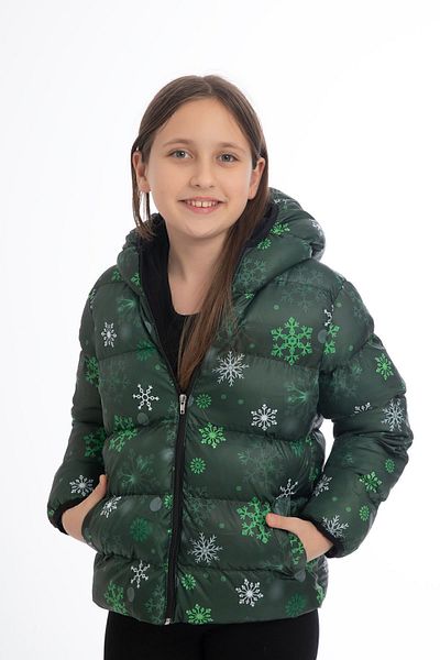 Royalside Sports Girl's Green Snowflake Pattern Fleece Water and Wind Proof Hooded Winter Sport Coat
