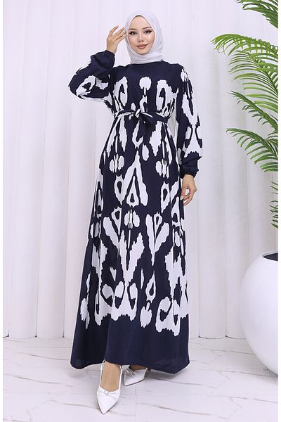 sefamerve Φόρεμα με ζώνη από ύφασμα βισκόζης 2033-04 Navy Blue White
