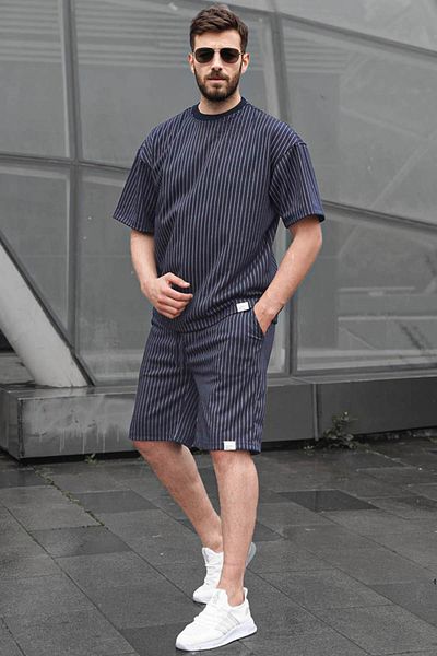 Madmext Set pantaloni scurți pentru bărbați cu dungi bleumarin 6398