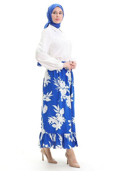 sefamerve Viscose Fabric Elastic Waist Ruffle Skirt 2012K-01 Saks White