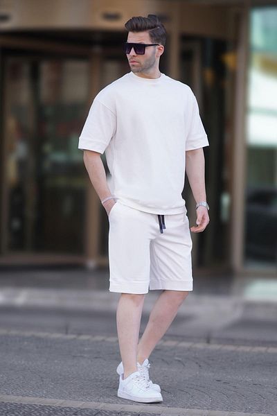 Madmext Set de pantaloni scurți de bază pentru bărbați, cu decolteu rotund, ecru 5953