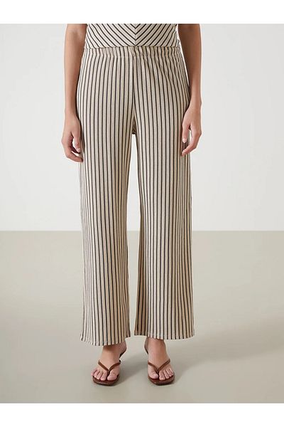 LC Waikiki Lcwaikiki Classic Beige Elastic Waist Striped Women's Trousers