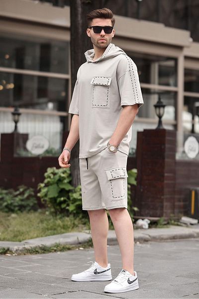 Madmext Gray Hooded Shorts Set - Pocket Detailed 5941