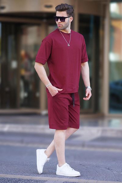 Madmext Pánské kraťasy Claret Red Crew Neck Basic Set 5953