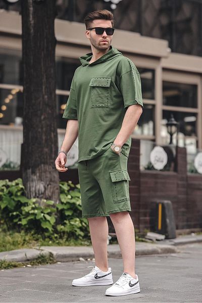Madmext Khakifarbenes Shorts-Set mit Kapuze und Taschendetail 5941