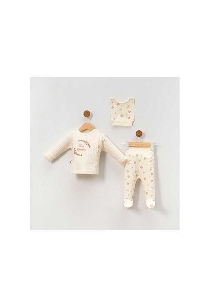 TRENDİMİZBİR Baby Girl Beige Floral Embroidered 3-Piece Bodysuit Set Newborn Outfit Breathable Soft Textured