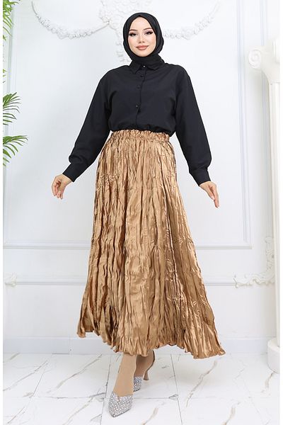 sefamerve Fusta din satin cu talie elastica 0048-08 Mustar