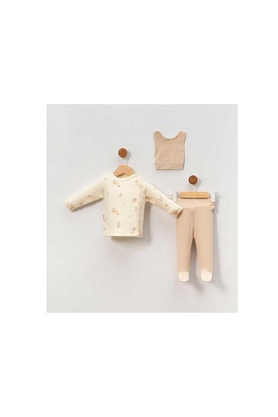TRENDİMİZBİR Unisex Beige Nature Patterned 3-Piece Bottom Top Set Newborn Outfit Cotton Organic