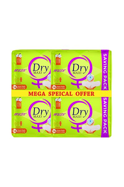 DRY Dry Maxi Musk Thick Sanitary Pads for Menstruation - Mega Savings Offer - 56 Pads - Extra Long Size