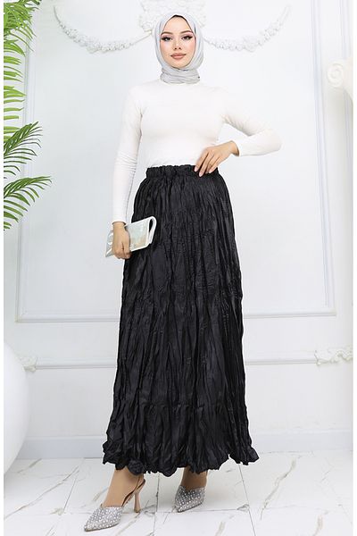 sefamerve Fusta din satin cu talie elastica 0048-05 Negru