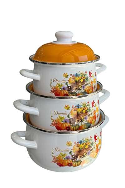 AHİR TİCARET Ebru Metal Enameled 3-Piece Cookware Set 16 Cm-18 Cm-20 cm