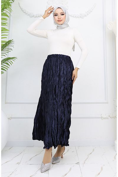 sefamerve Fusta din satin cu talie elastica 0048-04 Bleumarin