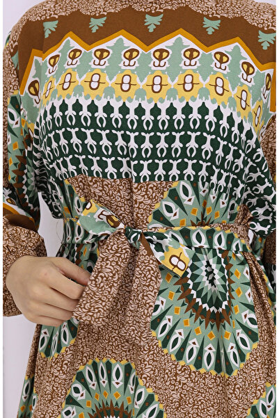 sefamerve Φόρεμα με ζώνη από ύφασμα βισκόζης 2032-04 Tan Green