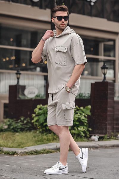 Madmext Gray Hooded Shorts Set - Pocket Detailed 5941
