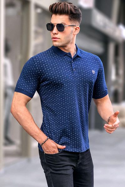 Madmext Marineblaues gemustertes T-Shirt mit Polokragen 5889