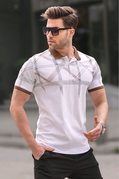 Madmext Weißes gemustertes Herren-T-Shirt mit Polokragen 6080