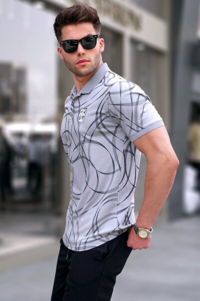 Madmext Boyalı Gri Desenli Polo Yaka Tişört 5873