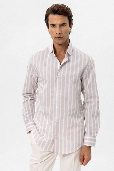 Antioch Beige Slim Fit Striped Men's Shirt