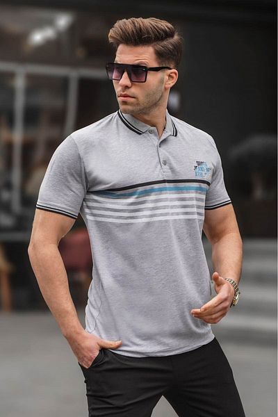Madmext Grau gestreiftes T-Shirt mit Polokragen 5869