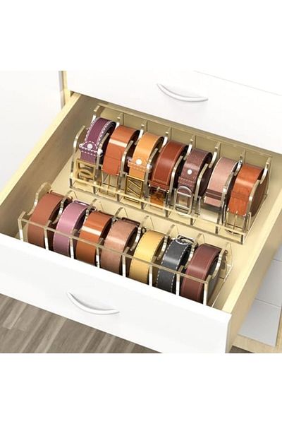 Generic Clear Acrylic Belt Organizer Box with 7 Compartments for Closet or Drawer Storage and Display