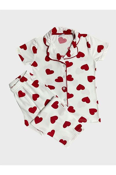 tusem butik homewear Set de pijamale cu mânecă scurtă, 100% bumbac, alb, cu model de inimă, pentru fete
