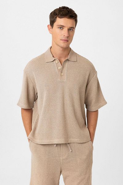 Antioch Beige Polo Neck Textured Relaxed Men's T-Shirt