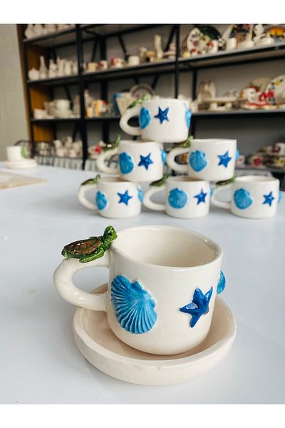 Banuart Sea Mussel Conch Starfish Turtle Gift Handmade Ceramic Coffee Cup