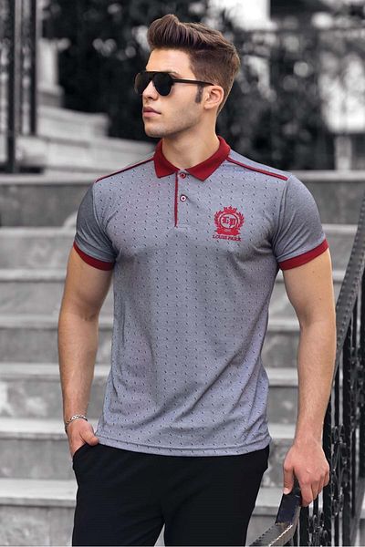 Madmext Graues Polo-T-Shirt mit Streifen an den Schultern und Kragen für Herren 9306