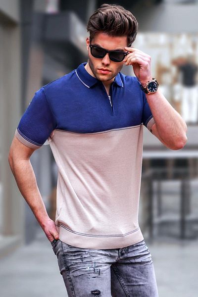 Madmext Ανδρικό μπλουζάκι πλεκτό Polo με φερμουάρ Mink 5731