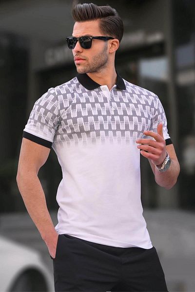Madmext White Slim Fit Patterned Men's Polo T-Shirt 6109